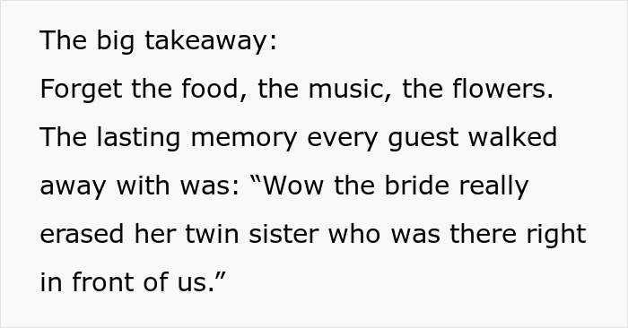 Text on a screen describing how a bride tries to erase her twin sister at the wedding, exposing family favoritism. Text on a screen describing how a bride tries to erase her twin sister at the wedding, exposing family favoritism.