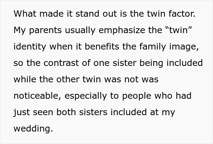 Text discussing family favoritism and twin identity contrast during a wedding, highlighting exclusion of one twin. Text discussing family favoritism and twin identity contrast during a wedding, highlighting exclusion of one twin.