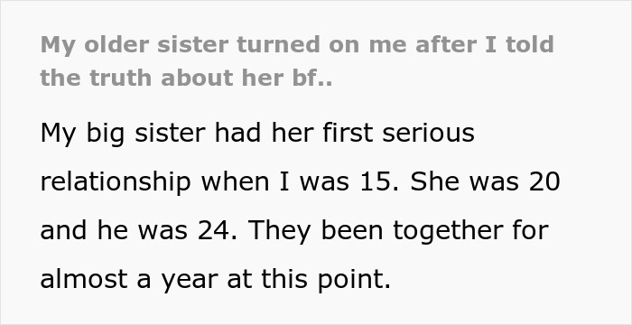 Text excerpt about sister-boyfriend relationship drama describing tension after revealing the truth about her boyfriend. Text excerpt about sister-boyfriend relationship drama describing tension after revealing the truth about her boyfriend.