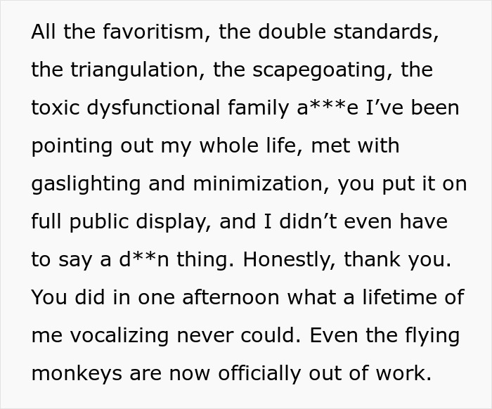 Text highlighting family favoritism, double standards, and toxic dynamics exposed during a wedding involving twins. Text highlighting family favoritism, double standards, and toxic dynamics exposed during a wedding involving twins.