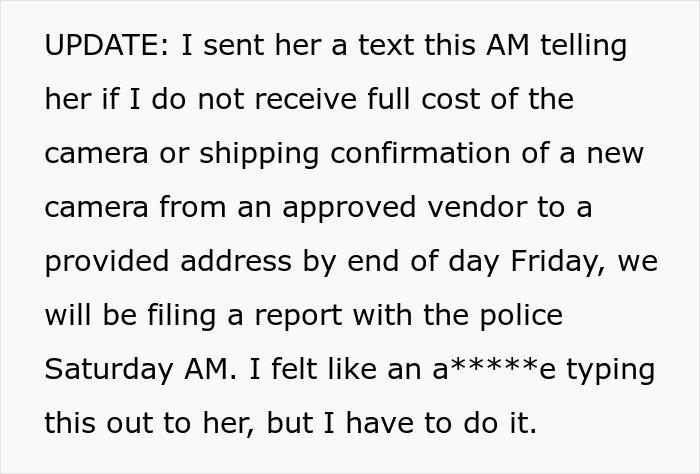 Text message update about confronting a friend over a stolen camera and planning to file a police report. Text message update about confronting a friend over a stolen camera and planning to file a police report.