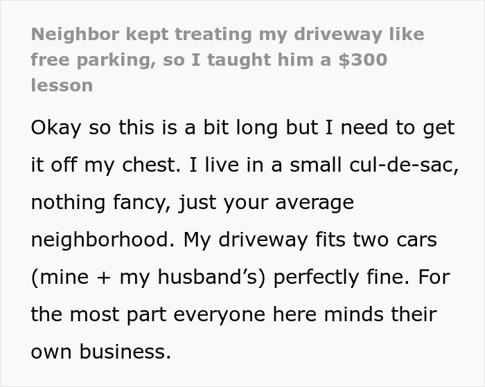 Text excerpt from a story where a nurse confronts a neighbor repeatedly using her driveway without permission. Text excerpt from a story where a nurse confronts a neighbor repeatedly using her driveway without permission.