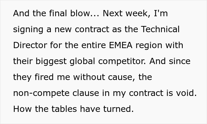 ALT text: Text describing an employee signing a new contract after being fired, revealing an expensive trick related to a non-compete clause.