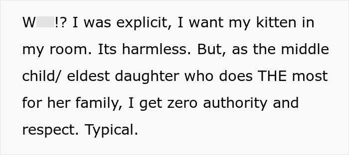 Text message expressing frustration over parents trying to get rid of daughter’s cat during pregnant sister’s visit. Text message expressing frustration over parents trying to get rid of daughter’s cat during pregnant sister’s visit.