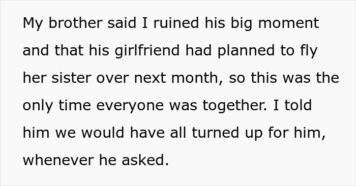 Text from a woman explaining shutting down her brother’s marriage proposal during her baby shower to keep the focus on the event. Text from a woman explaining shutting down her brother’s marriage proposal during her baby shower to keep the focus on the event.