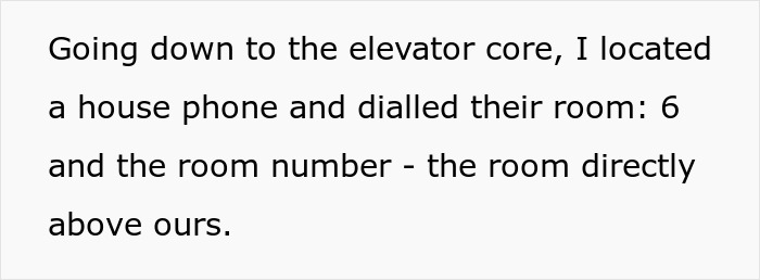 Text describing locating a hotel guest’s room number above and calling them via house phone near the elevator core.