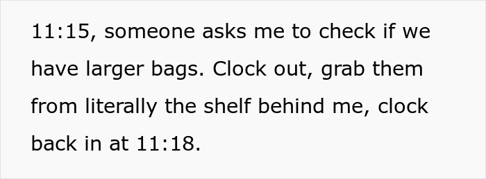 Text showing employee clocking out for a break, highlighting boss demands and employee's compliant but malicious response. Text showing employee clocking out for a break, highlighting boss demands and employee's compliant but malicious response.