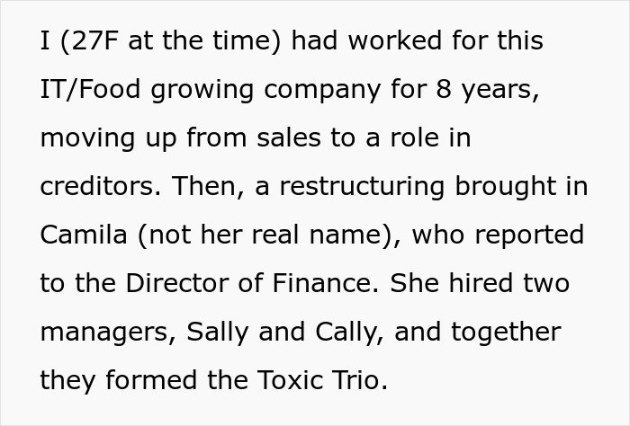 Text excerpt describing an employee’s experience with toxic bosses and company restructuring before quitting ahead of a disciplinary hearing. Text excerpt describing an employee’s experience with toxic bosses and company restructuring before quitting ahead of a disciplinary hearing.
