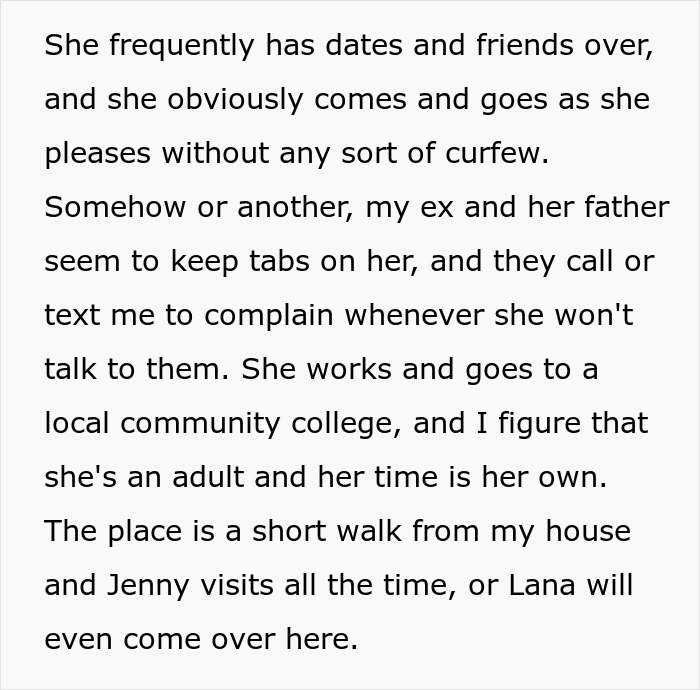 Text about mom furious as ex lets stepdaughter date and have a love nest despite bio-dad saying no with no curfew. Text about mom furious as ex lets stepdaughter date and have a love nest despite bio-dad saying no with no curfew.