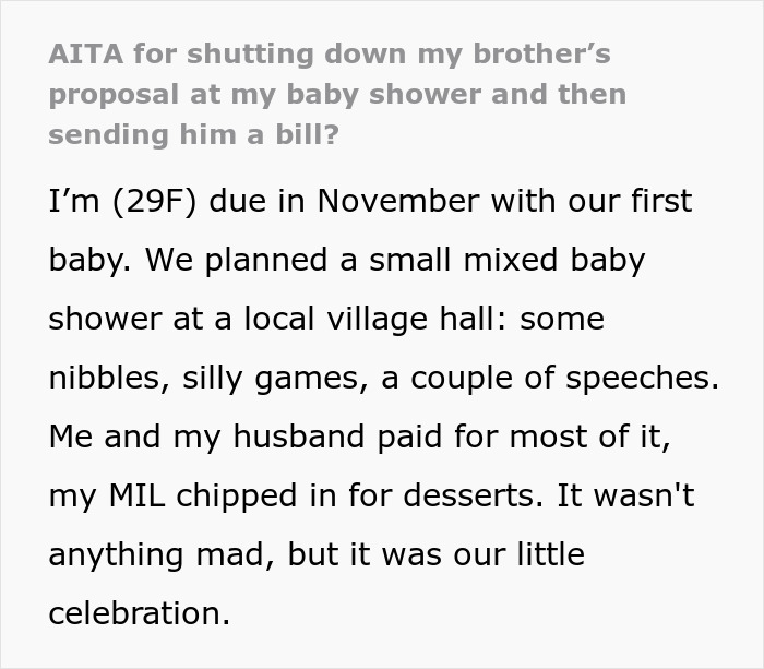 Woman shuts down brother’s proposal at her baby shower during small mixed celebration event. Woman shuts down brother’s proposal at her baby shower during small mixed celebration event.