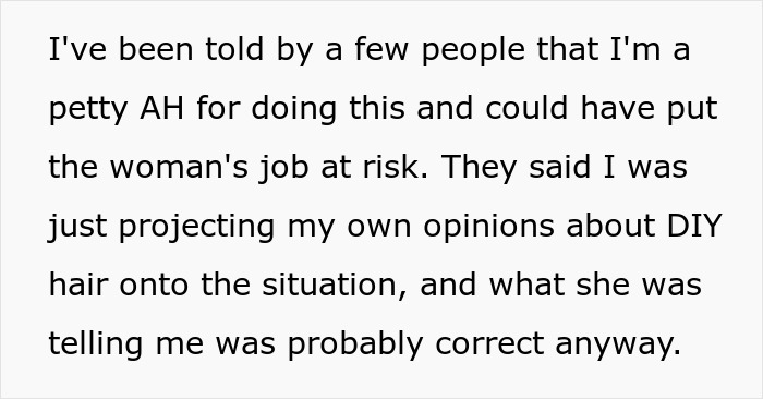 Text excerpt discussing opinions about a rude salon employee refusing to sell box dye and related DIY hair concerns. Text excerpt discussing opinions about a rude salon employee refusing to sell box dye and related DIY hair concerns.