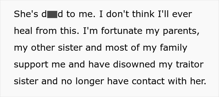 Text message expressing deep pain and family support after a woman's world crumbles due to husband's dark secret.