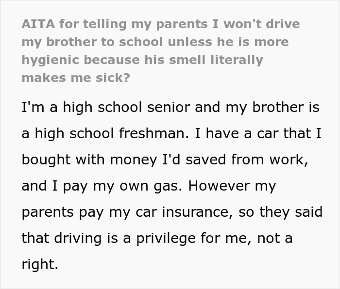 Text excerpt from a teen sharing hygiene checklist concerns for brother before school, amid parental conflict. Text excerpt from a teen sharing hygiene checklist concerns for brother before school, amid parental conflict.