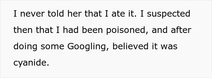 Text excerpt describing suspicion of being poisoned, with mention of cyanide after online research. Text excerpt describing suspicion of being poisoned, with mention of cyanide after online research.