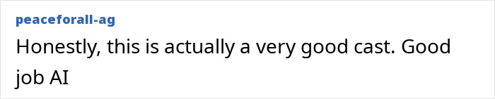 User comment praising the AI recast of the Avengers as a 90s Hollywood movie, highlighting the good cast and AI job. User comment praising the AI recast of the Avengers as a 90s Hollywood movie, highlighting the good cast and AI job.