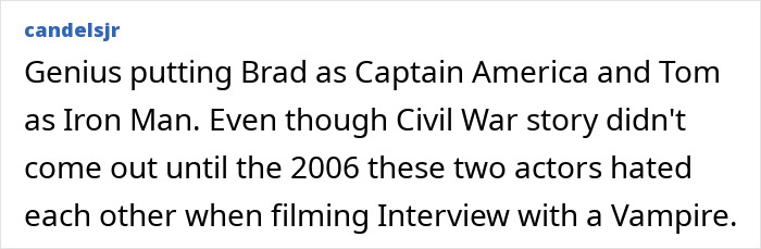 Reddit comment praising AI recast of Avengers with Brad Pitt as Captain America and Tom Cruise as Iron Man in 90s style. Reddit comment praising AI recast of Avengers with Brad Pitt as Captain America and Tom Cruise as Iron Man in 90s style.