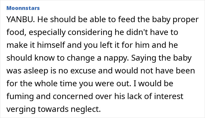 Comment discussing a dad forgetting to change his son's diaper and feed him while babysitting for the first time. Comment discussing a dad forgetting to change his son's diaper and feed him while babysitting for the first time.