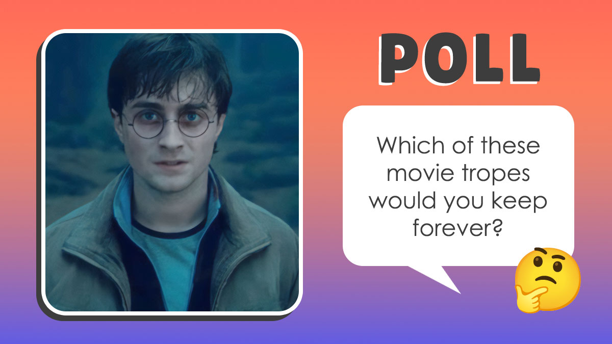 Image of a young man with glasses next to a poll asking which beloved movie tropes viewers would keep forever.