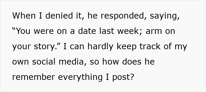 Text excerpt showing a woman worried about online date’s behavior remembering everything she posts on social media.