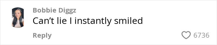 Comment by user Bobbie Diggz saying Can't lie I instantly smiled, with 6736 likes visible on a social media platform. Comment by user Bobbie Diggz saying Can't lie I instantly smiled, with 6736 likes visible on a social media platform.