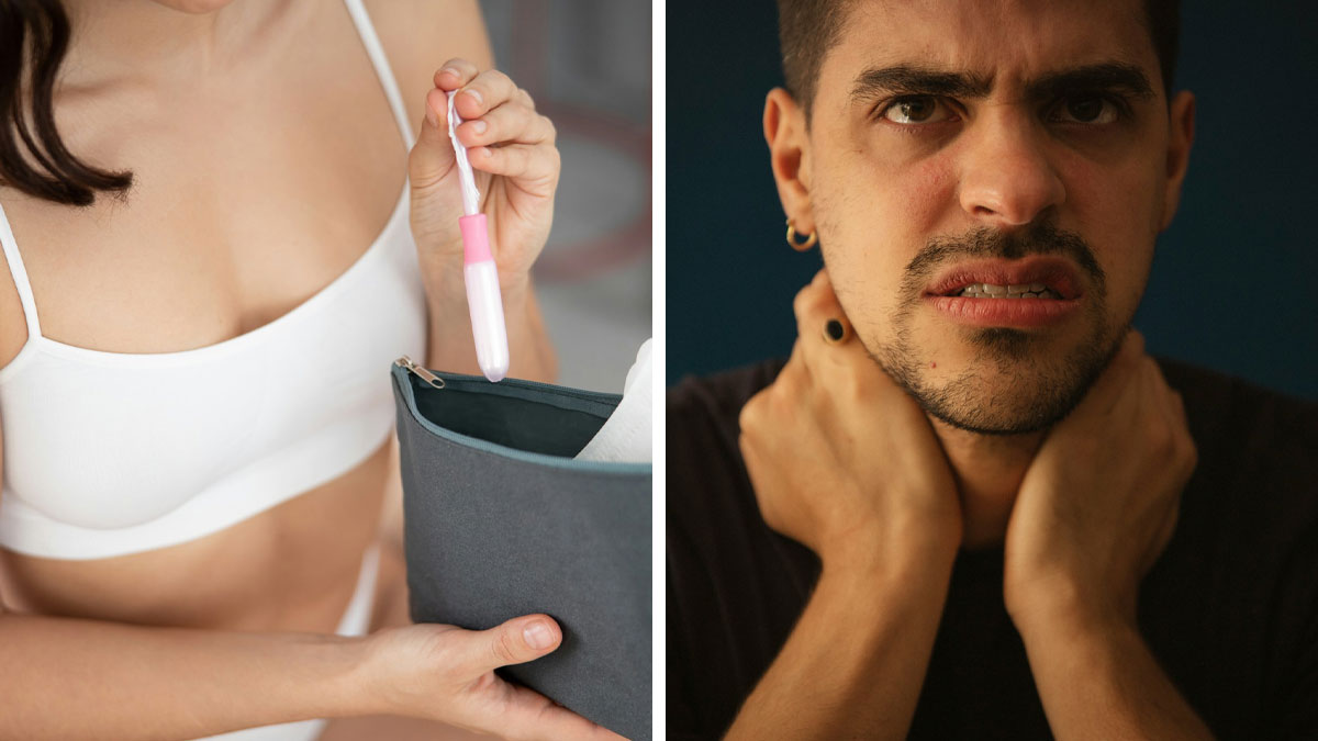 Woman holding a tampon and upset man reacting, illustrating the story of period being called disgusting and hidden