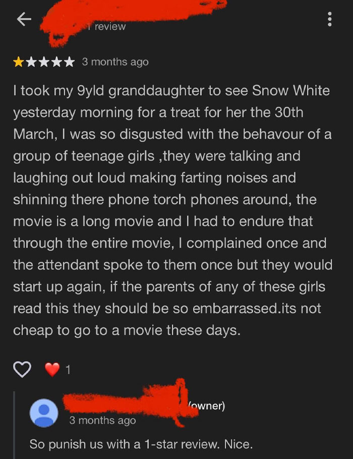 Customer review about disruptive behavior at the movie, met with one of the brutal comebacks from businesses.