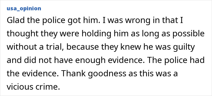Comment from a user expressing relief over police arrest and evidence in Idaho crimes linked to Bryan Kohberger. Comment from a user expressing relief over police arrest and evidence in Idaho crimes linked to Bryan Kohberger.