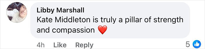 Comment praising Kate Middleton as a pillar of strength and compassion with a heart emoji. Comment praising Kate Middleton as a pillar of strength and compassion with a heart emoji.
