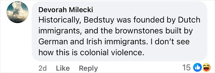 Screenshot of a social media comment discussing historical immigration in Bedstuy amid Brooklyn midwife’s dice game safety concerns.