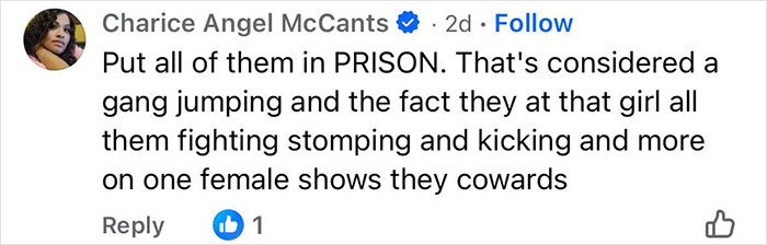 Facebook comment by Charice Angel McCants condemning gang violence against a female Walmart employee in a viral video. Facebook comment by Charice Angel McCants condemning gang violence against a female Walmart employee in a viral video.