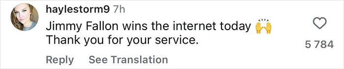 Screenshot of Instagram comment praising Jimmy Fallon for his service amid Jimmy Kimmel show suspension discussion. Screenshot of Instagram comment praising Jimmy Fallon for his service amid Jimmy Kimmel show suspension discussion.
