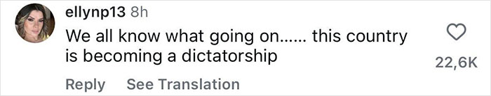 Comment on social media expressing concern about the country becoming a dictatorship, with 22.6K likes. Comment on social media expressing concern about the country becoming a dictatorship, with 22.6K likes.