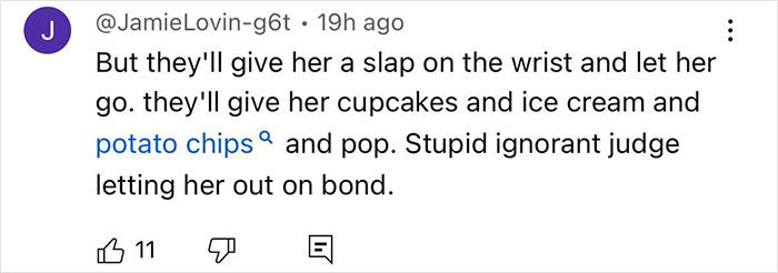 User comment criticizing judge for lenient bond release in newborn closet case, mentioning cupcakes and potato chips. User comment criticizing judge for lenient bond release in newborn closet case, mentioning cupcakes and potato chips.