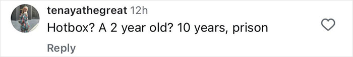 Social media comment questioning hotboxing a 2-year-old and suggesting a 10-year prison sentence. Social media comment questioning hotboxing a 2-year-old and suggesting a 10-year prison sentence.