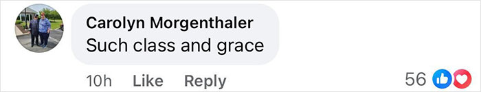 Comment on social media reading such class and grace in black text on a white background with profile photo and reaction icons. Comment on social media reading such class and grace in black text on a white background with profile photo and reaction icons.