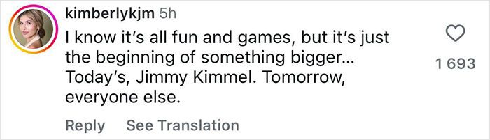 Social media post by Kimberly K showing comment on Jimmy Kimmel's show suspension saying it's just the beginning of something bigger. Social media post by Kimberly K showing comment on Jimmy Kimmel's show suspension saying it's just the beginning of something bigger.