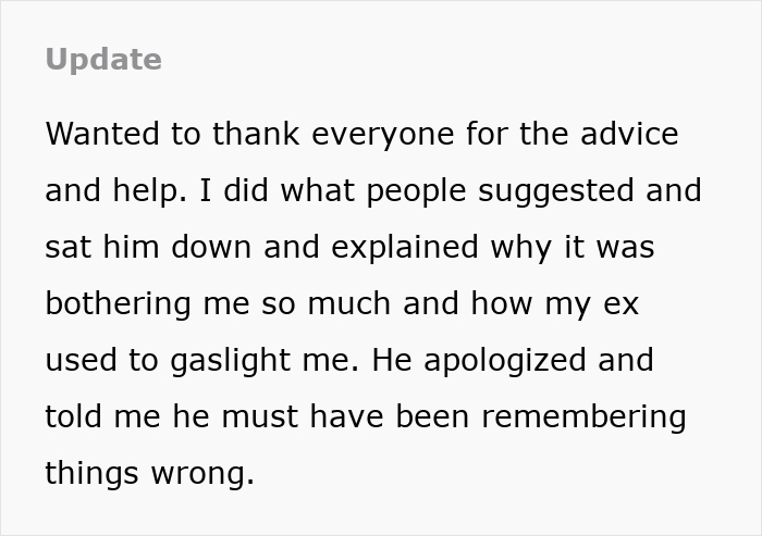 Update text about confronting boyfriend convinced they took an art class together despite her no memory of it. Update text about confronting boyfriend convinced they took an art class together despite her no memory of it.