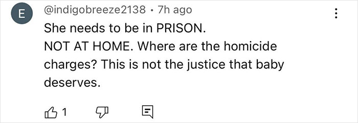 User comment demanding prison for woman in custody, discussing homicide charges related to newborn case. User comment demanding prison for woman in custody, discussing homicide charges related to newborn case.