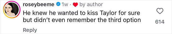 Screenshot of a social media comment about Travis Kelce’s answer involving Taylor Swift in a Kiss Marry Kill video. Screenshot of a social media comment about Travis Kelce’s answer involving Taylor Swift in a Kiss Marry Kill video.