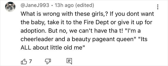 Social media comment criticizing a cheerleader involved in newborn closet case, discussing beauty pageant and adoption. Social media comment criticizing a cheerleader involved in newborn closet case, discussing beauty pageant and adoption.