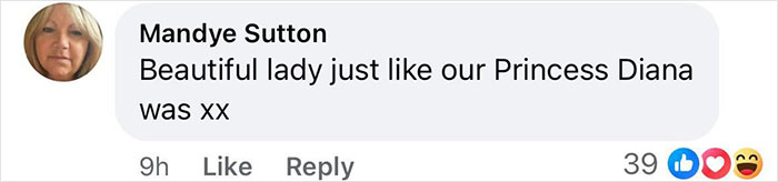 Screenshot of a Facebook comment praising a woman, comparing her to Princess Diana, with likes and reactions visible. Screenshot of a Facebook comment praising a woman, comparing her to Princess Diana, with likes and reactions visible.
