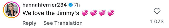 Hannah Ferrier showing support for Jimmy Fallon and Jimmy Kimmel with heart emojis in a social media comment. Hannah Ferrier showing support for Jimmy Fallon and Jimmy Kimmel with heart emojis in a social media comment.