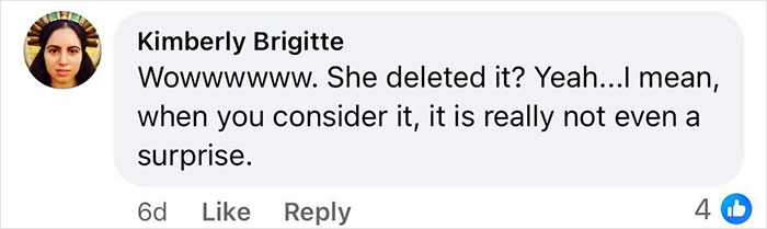 Comment by Kimberly Brigitte expressing surprise about a deleted post related to Brooklyn midwife’s dice game club.