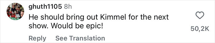 Comment on social media saying he should bring out Kimmel for the next show in discussion about Jimmy Fallon and Jimmy Kimmel's show suspension. Comment on social media saying he should bring out Kimmel for the next show in discussion about Jimmy Fallon and Jimmy Kimmel's show suspension.