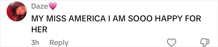 Comment praising newly crowned Miss America, expressing happiness and support for her achievement. Comment praising newly crowned Miss America, expressing happiness and support for her achievement.