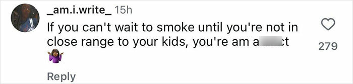 Comment criticizing a couple for hotboxing a car with a 2-year-old boy in the backseat, calling it irresponsible. Comment criticizing a couple for hotboxing a car with a 2-year-old boy in the backseat, calling it irresponsible.