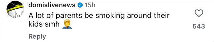 Comment from social media expressing concern about parents smoking around children related to hotboxing in a car with a toddler. Comment from social media expressing concern about parents smoking around children related to hotboxing in a car with a toddler.