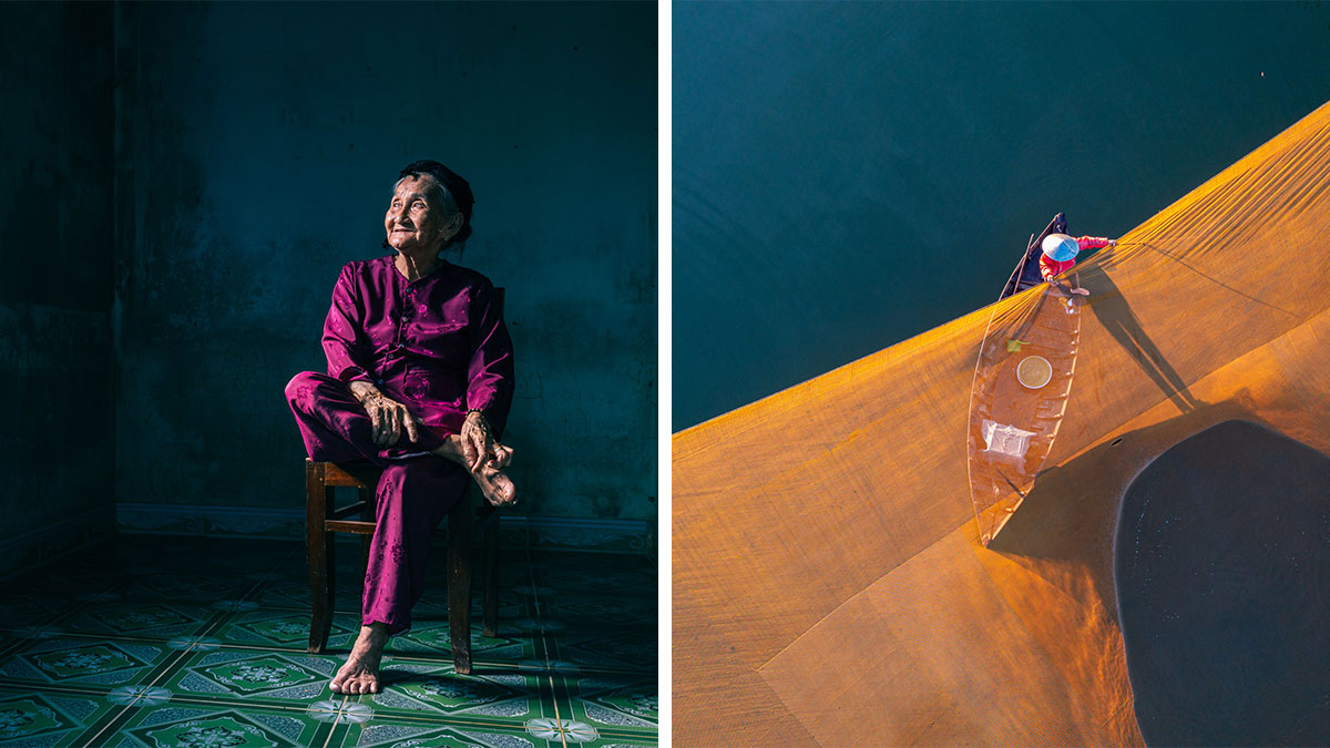 Elderly Vietnamese woman sitting indoors and aerial view of fishing boat casting net, travel photographer captures Vietnam life.