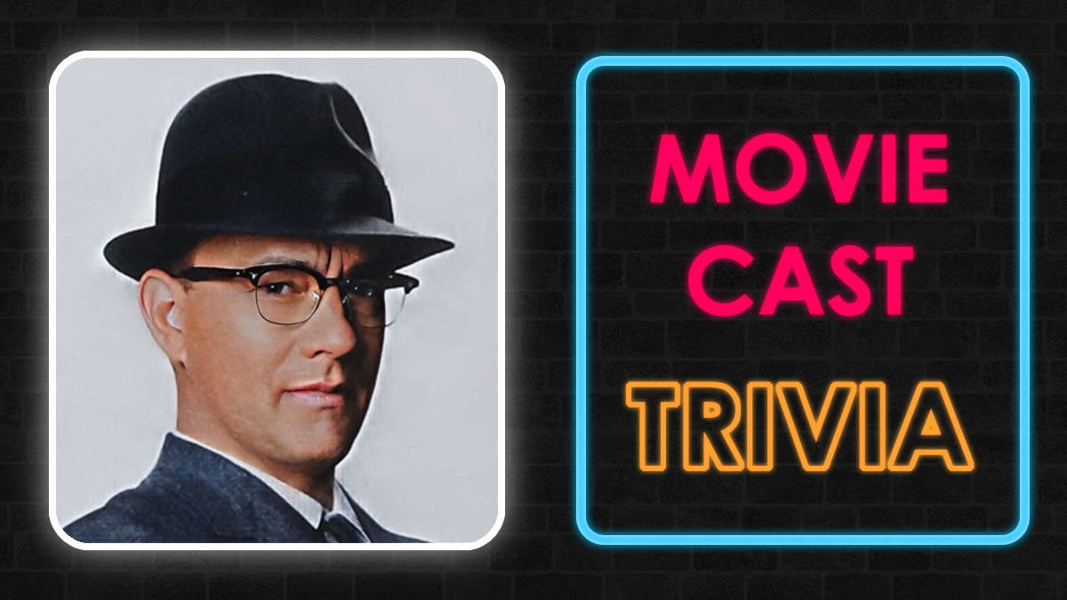 Portrait of a man in a hat and glasses next to neon text reading movie cast trivia for movie buff quiz.