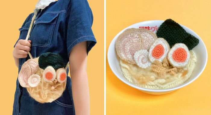 Japanese fiber artist wearing a crochet bag resembling realistic food-inspired accessories with detailed yarn designs.